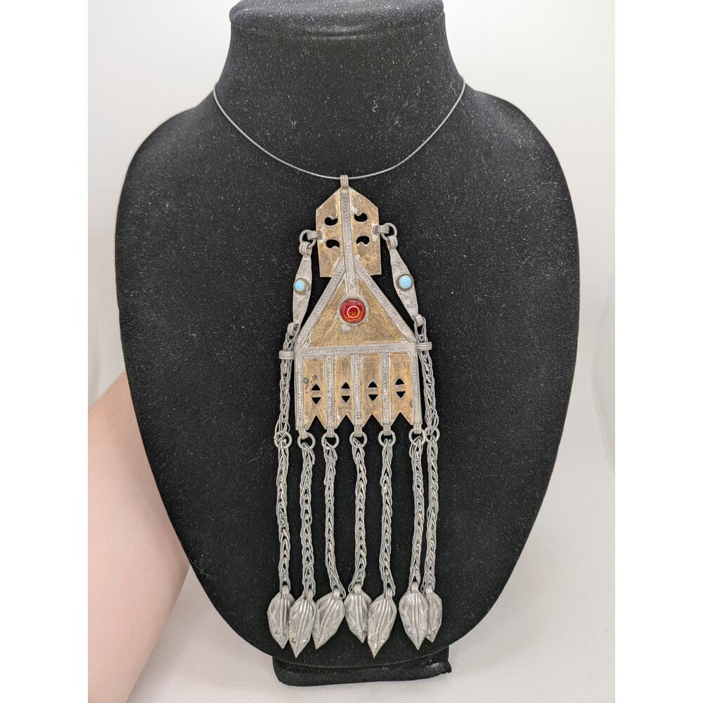 TEKKE TURKMEN ANTIQUE FILIGREE SILVER GILDED AMULET NECKLACE WITH RED & BLUE